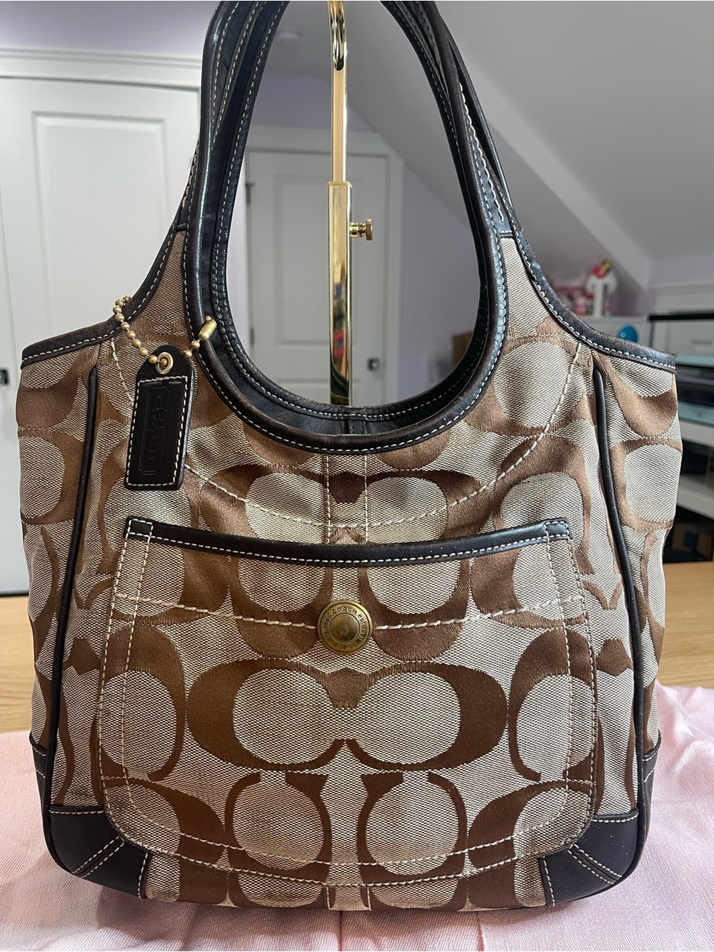Coach Brown Signature Canvas Shoulder Bag with Leather Trim